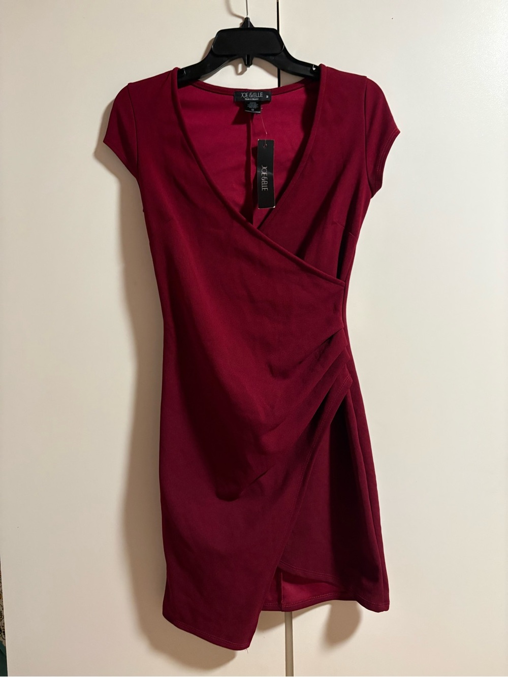 Joe & Elle Faux-Wrap Cap-Sleeve Dress in Burgundy NWT